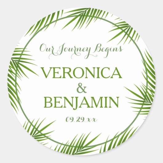 Tropische palmkeien strandbruiloft ronde sticker (Voorkant)