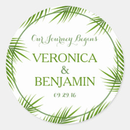 Tropische palmkeien strandbruiloft ronde sticker