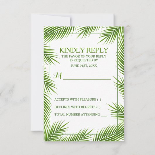 Tropische palmkeien strandbruiloft RSVP kaartje (Voorkant)