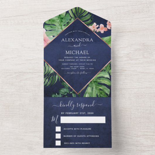 Tropische palmmarine Blue Roos Gold Weddenschap RS All In One Uitnodiging (Binnen)