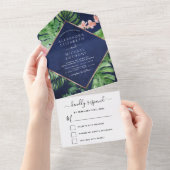 Tropische palmmarine Blue Roos Gold Wedding All In One Uitnodiging (Afscheurbaar)