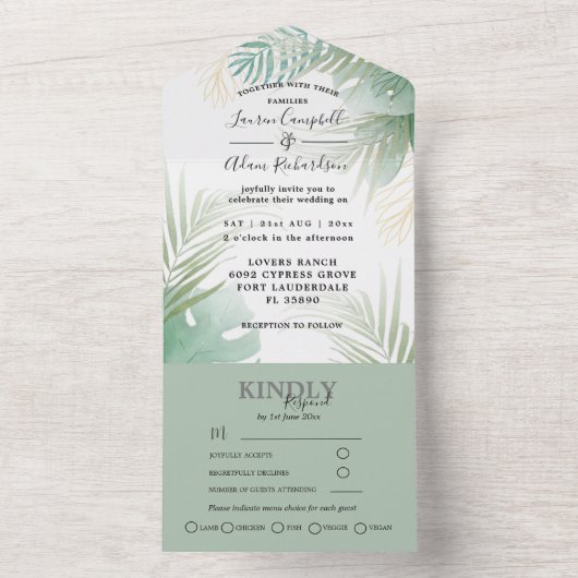 Tropische palmmonstera Green Wedding All In One Uitnodiging (Binnen)