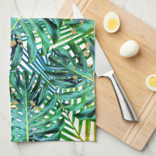 Tropische palmmonstera laat goudglitter over theedoek (Quarter Fold)