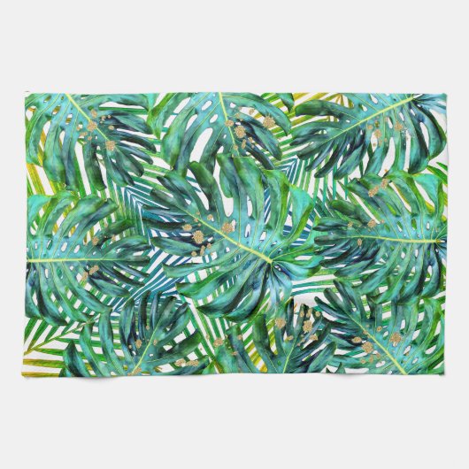 Tropische palmmonstera laat goudglitter over theedoek (Horizontaal)