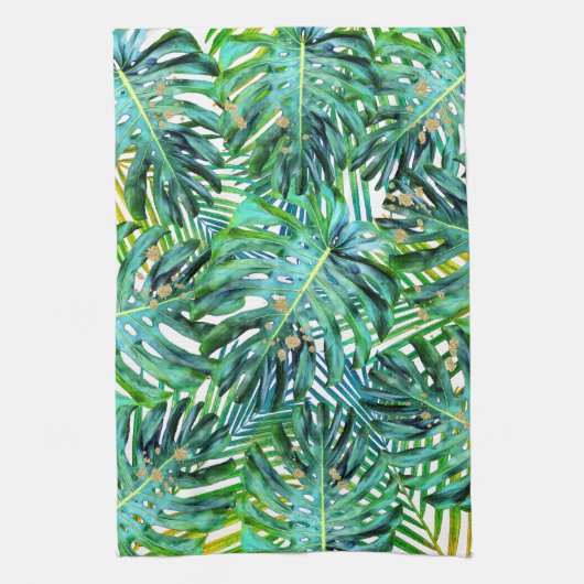 Tropische palmmonstera laat goudglitter over theedoek (Verticaal)