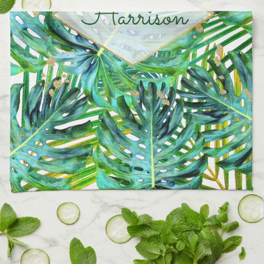 Tropische palmmonstera laat goudglitter over theedoek (Gevouwen)