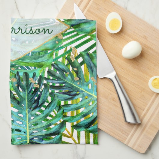 Tropische palmmonstera laat goudglitter over theedoek (Quarter Fold)