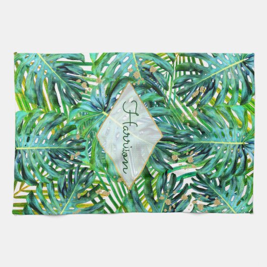 Tropische palmmonstera laat goudglitter over theedoek (Horizontaal)