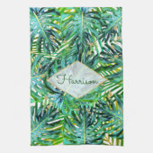 Tropische palmmonstera laat goudglitter over theedoek (Verticaal)
