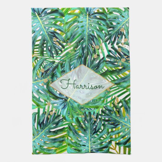Tropische palmmonstera laat goudglitter over theedoek (Verticaal)