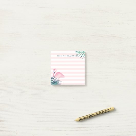Tropische palmroze flamingroze en witte streep post-it® notes (Op bureau)