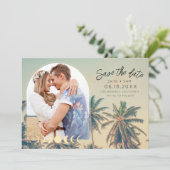 Tropische palms Foto Beach Weddenschap Save The Date (Staand voorkant)
