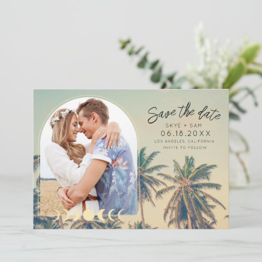 Tropische palms Foto Beach Weddenschap Save The Date (Staand voorkant)