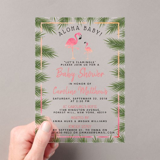 Tropische palms Waterverf Flamingo Baby shower Acryl Uitnodigingen (Insitu (Draagbaar))