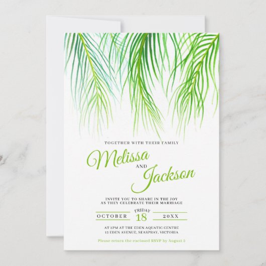 Tropische palmschijfjes waterverf bruiloft schilde kaart (Voorkant)