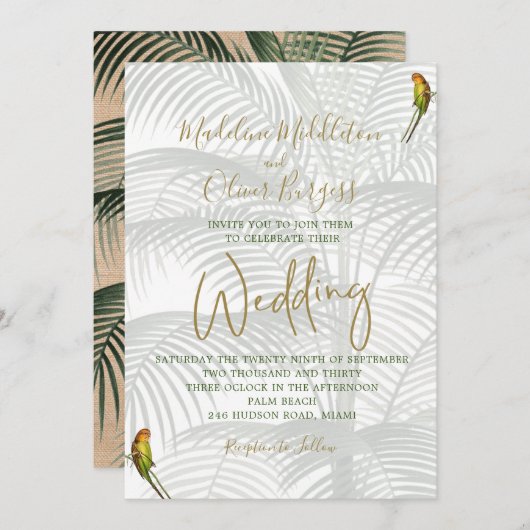 Tropische palmvogels Elegant Rustic Gold Wedding Kaart (Voorkant / Achterkant)