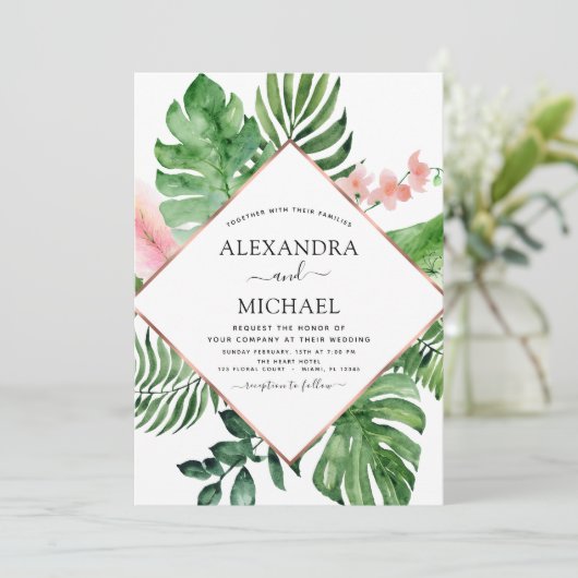 Tropische palmWaterverf Geometric Wedding Kaart (Staand voorkant)