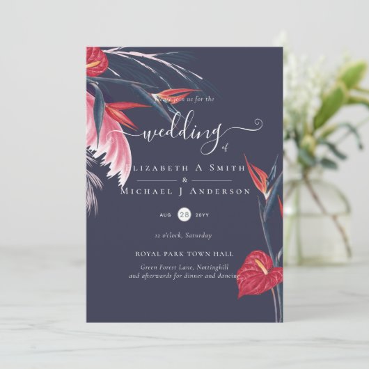Tropische Pampas Grass Navy Berry Wedding (Staand voorkant)