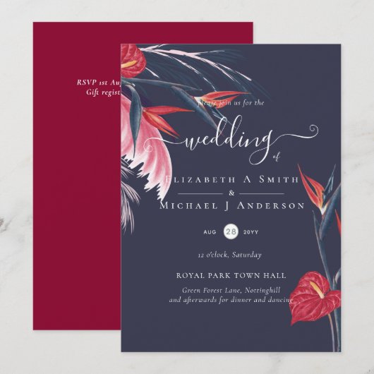 Tropische Pampas Grass Navy Berry Wedding (Voorkant / Achterkant)