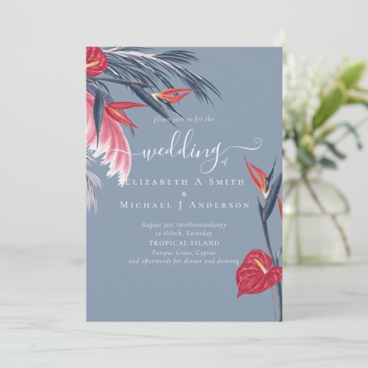 Tropische Pampas Grass Navy Berry Wedding (Staand voorkant)