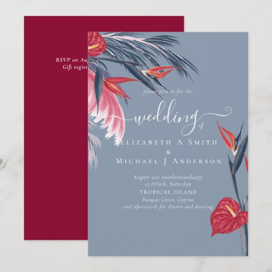 Tropische Pampas Grass Navy Berry Wedding (Voorkant / Achterkant)