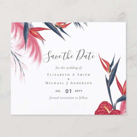 Tropische Pampas Grass Navy Berry Wedding (Voorkant)