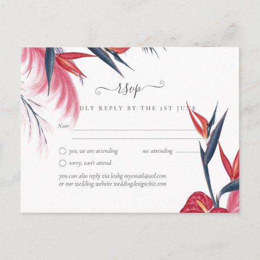 Tropische Pampas Grass Navy Berry Wedding Briefkaart (Voorkant)