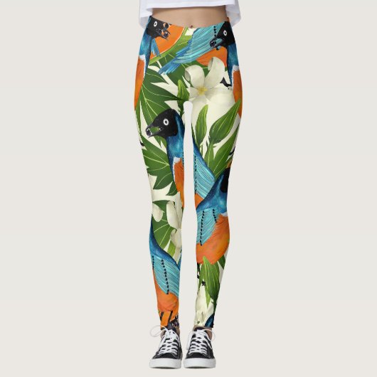Tropische papaja en vogelpatroon. leggings (Voorkant)