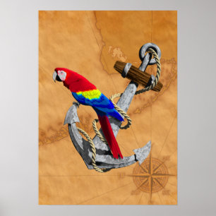 Tropische papegaai en anker poster