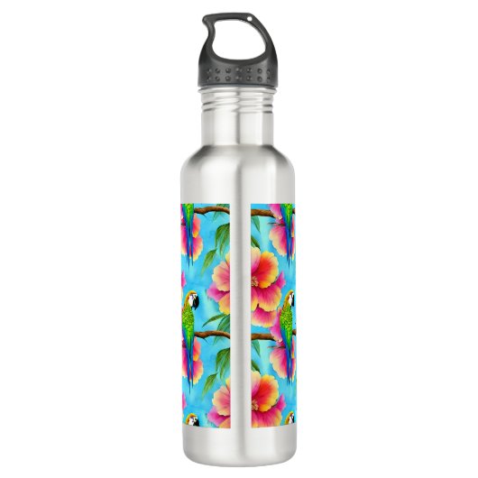 Tropische papegaai en bloem waterfles  (Achterkant)