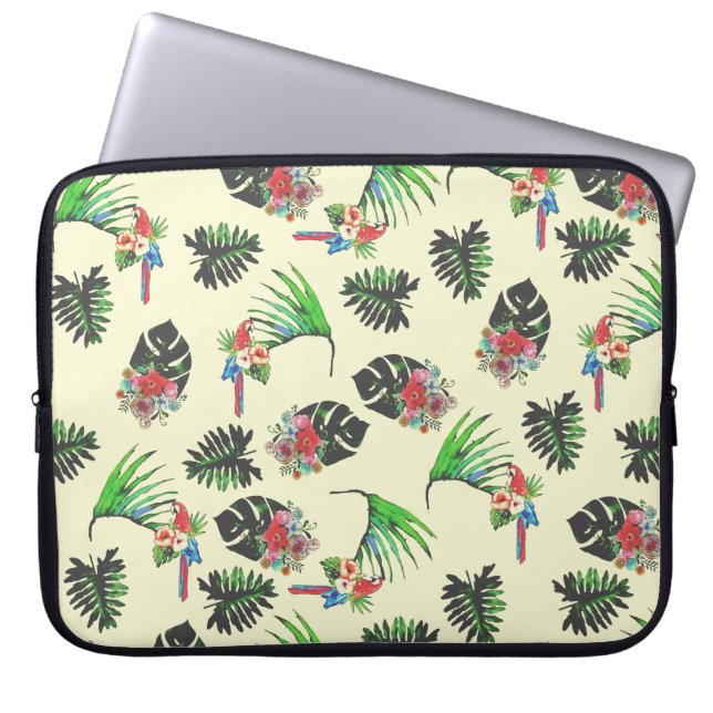 Tropische papegaai en laat Waterverf Patroon Laptop Sleeve (Voorkant)