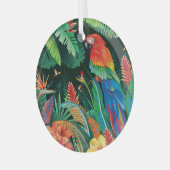 Tropische papegaai: exotische bloemachtergrond. glas ornament (Voorkant links)