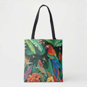 Tropische papegaai: exotische bloemachtergrond. tote bag