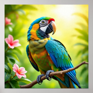 Tropische papegaai met bloemen poster