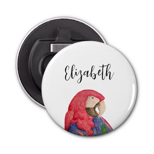 Tropische papegaai Tekening Oerwoud Macaw Button Flesopener (Voorkant)