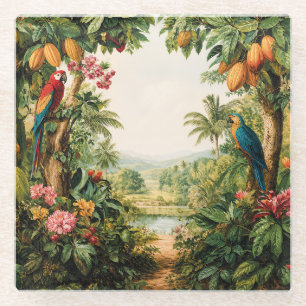 Tropische Papegaaien Cacaobloem Aquarel Glazen Onderzetter