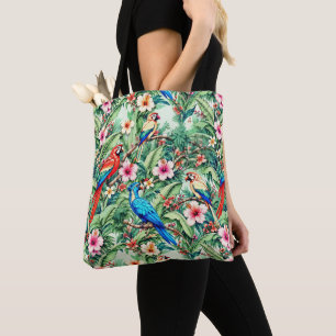 Tropische papegaaien en hibiscus in de jungle tote bag
