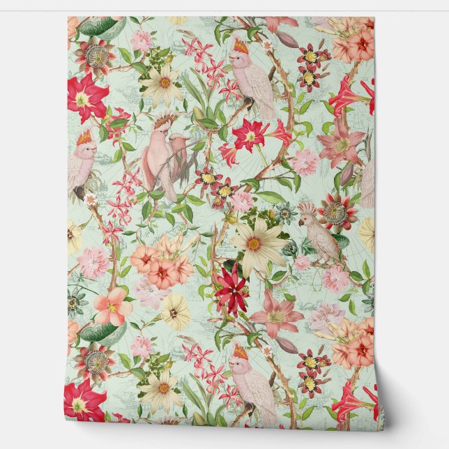 Tropische  Papegaaien Tuin Chinoiserie Behang (Afrollen)