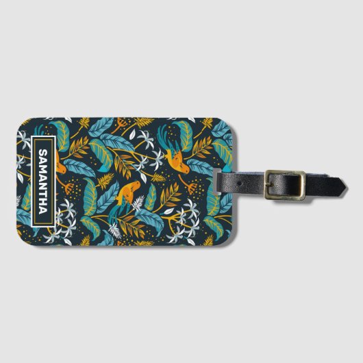 Tropische papegaaivogels en kleurrijk lederpatroon bagagelabel (Voorkant (horizontaal))