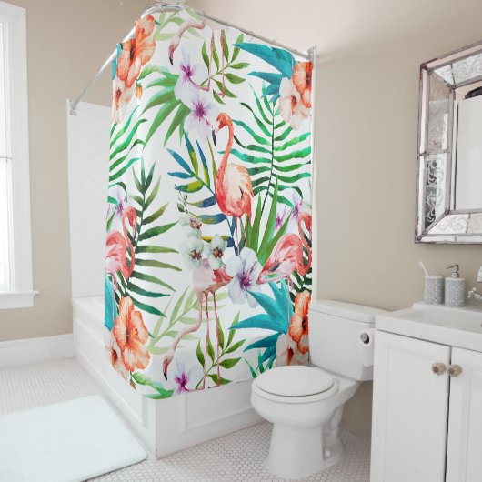 Tropische paradijse Flamingo Flowers Leaves Douchegordijn (In situ)