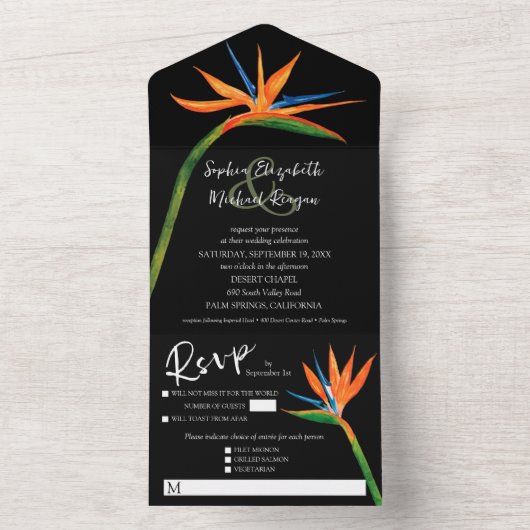 Tropische paradijsvogel bruiloft all in one uitnodiging (Binnen)