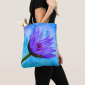 Tropische paradise Square Paars Blue Text Tote Bag (Dichtbij)