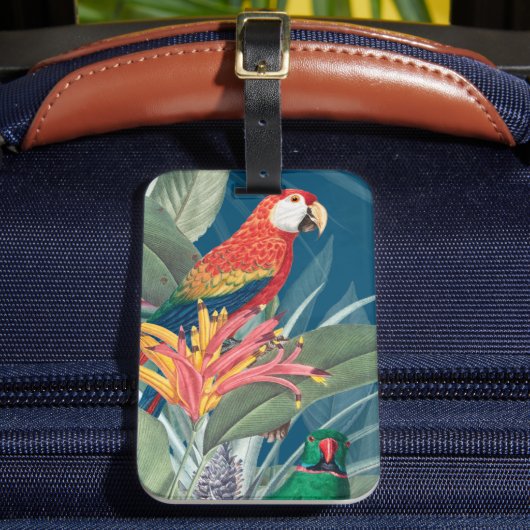 Tropische parrots en Floral Dark Blue Bagagelabel (Voorkant Insitu 2)