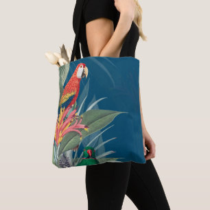 Tropische parrots en Floral Dark Blue Tote Bag