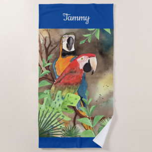 Tropische parrots in een blauwe gepersonaliseerde  strandlaken