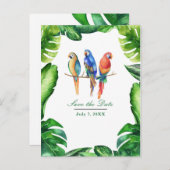 Tropische parrots vogels en bladeren sparen de dat aankondigingskaart (Voorkant / Achterkant)