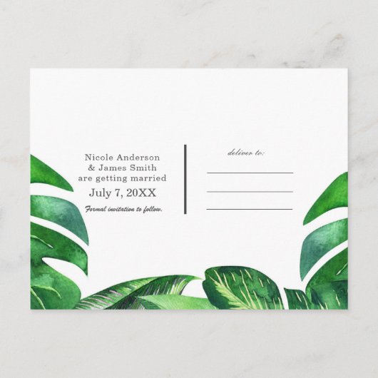 Tropische parrots vogels en bladeren sparen de dat aankondigingskaart (Achterkant)