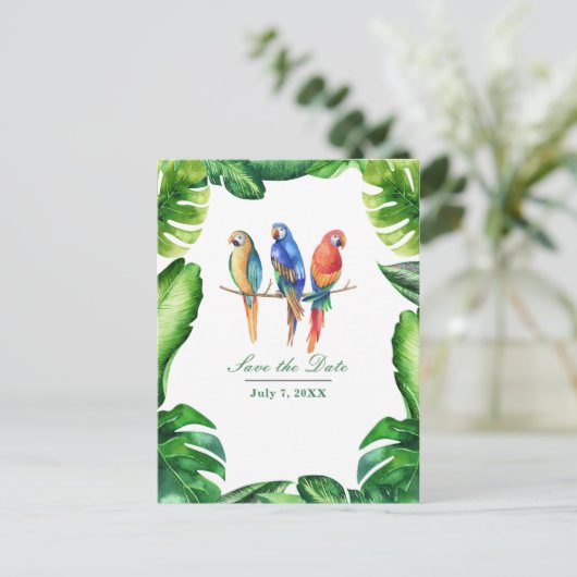 Tropische parrots vogels en bladeren sparen de dat aankondigingskaart (Staand voorkant)