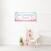 Tropische Partij Blauwe Roze Flamingo Happy Birthd Spandoek (Insitu)