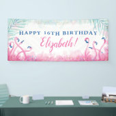 Tropische Partij Blauwe Roze Flamingo Happy Birthd Spandoek (Beurs)